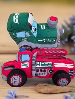 Plush Hess lot of 2 Light up play toys firetruck & truck used once